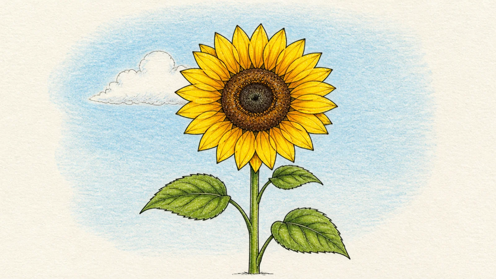 A sunflower against a simple blue sky with a cloud