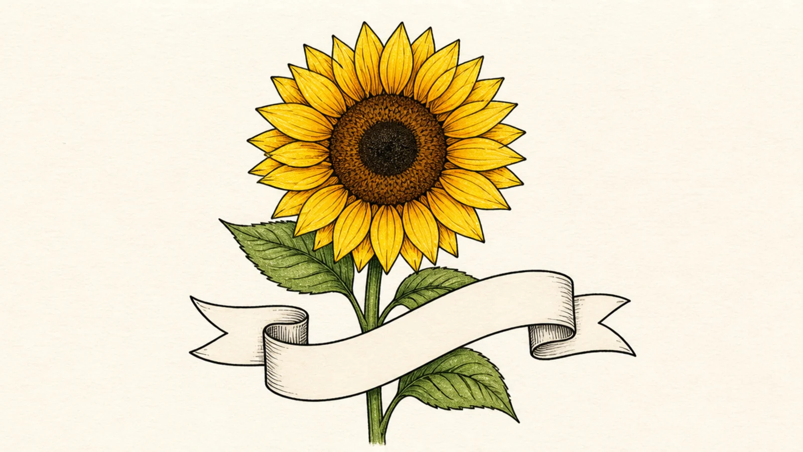 A sunflower with a blank ribbon banner beside it