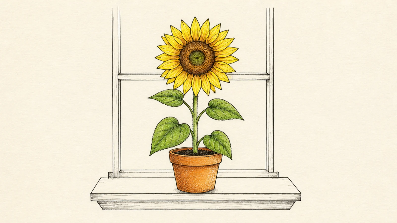 A potted sunflower sitting on a simple windowsill