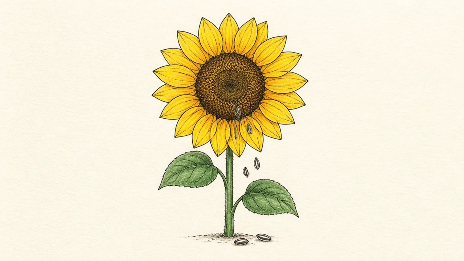 A sunflower with a few seeds dropping from its center