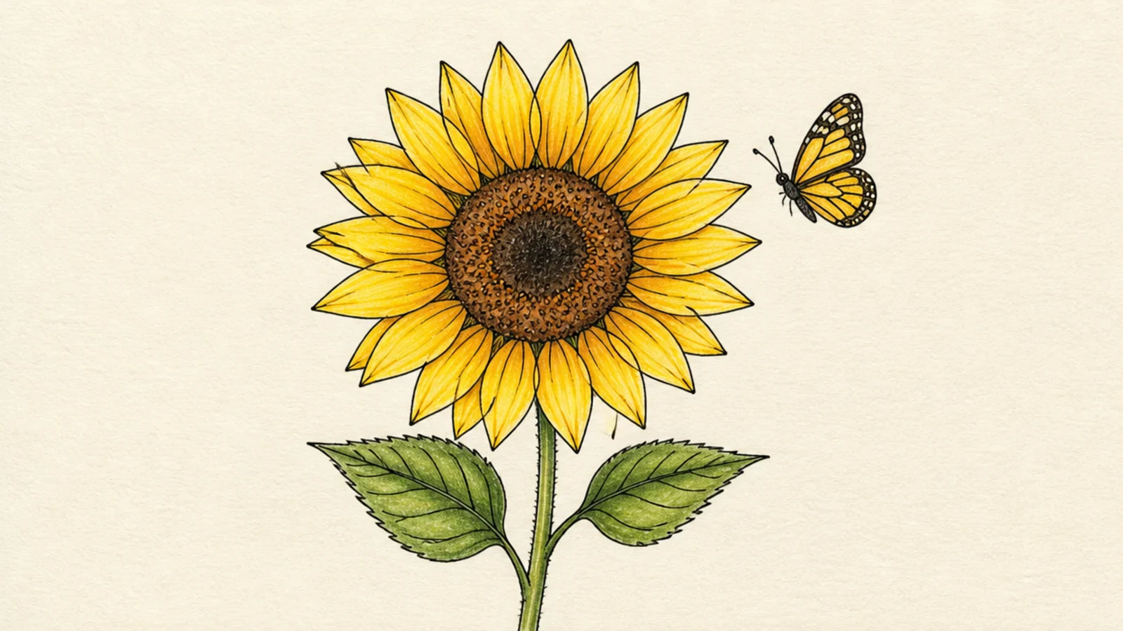 A sunflower with a simple butterfly fluttering nearby