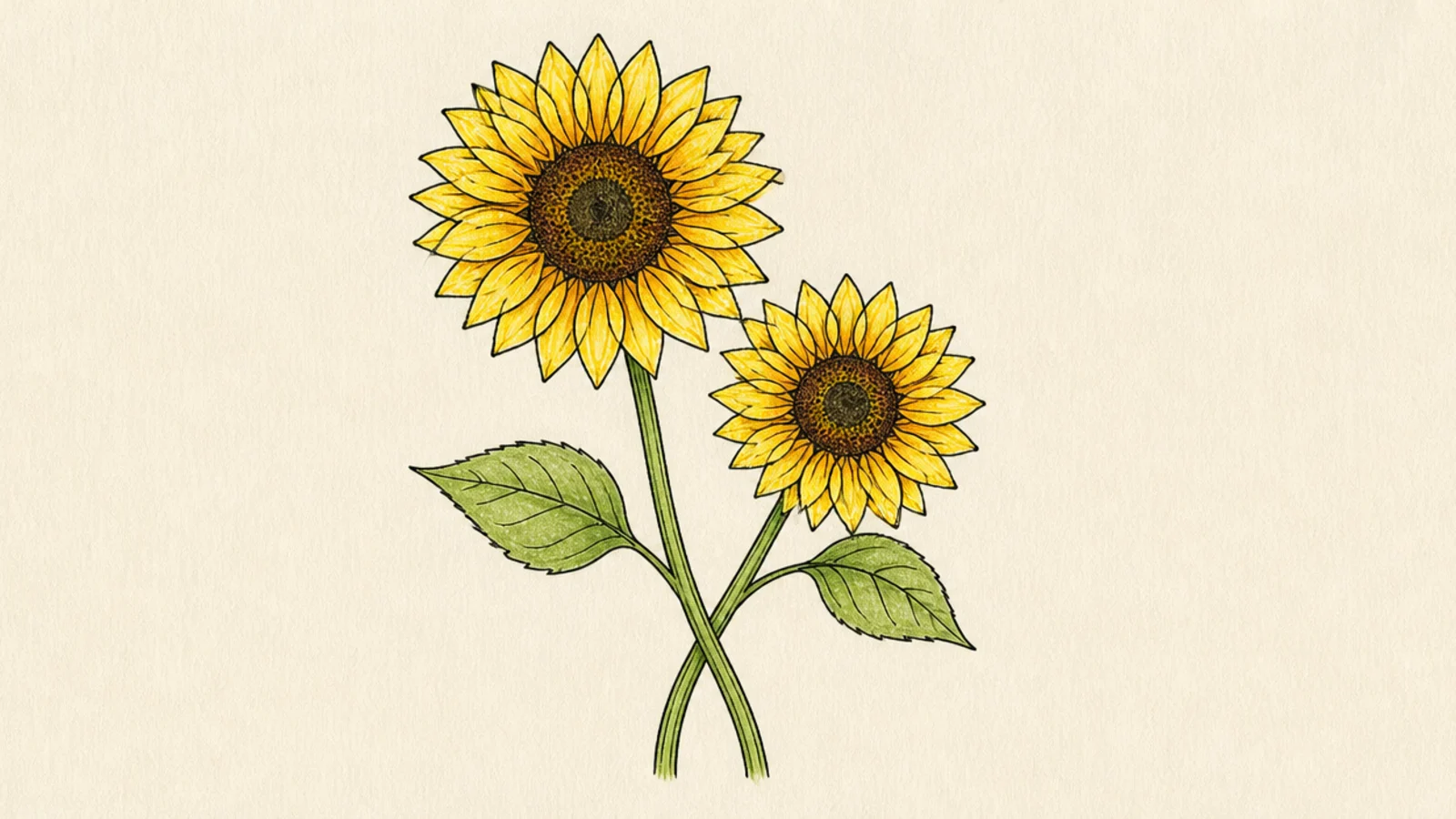 Two sunflowers with stems crossing gracefully