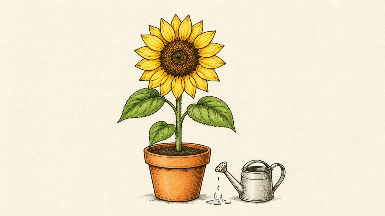 A sunflower beside a little watering can