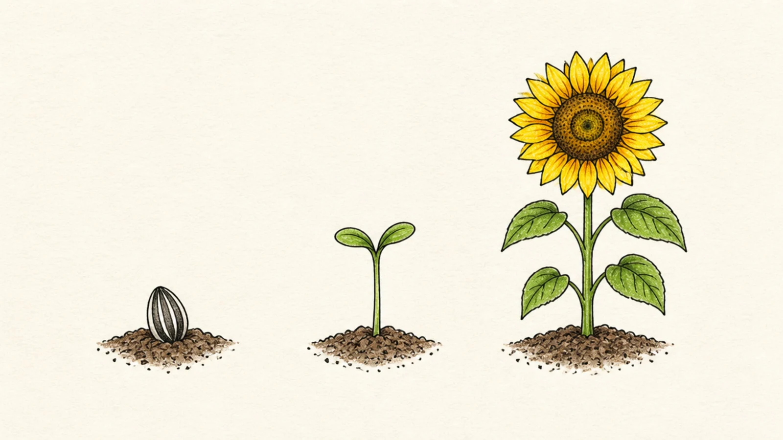 Three small drawings showing a sunflower from seed to bloom