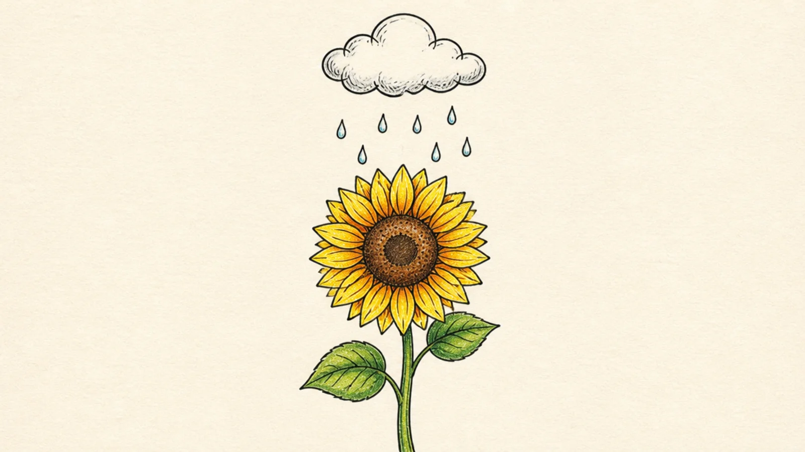 A sunflower with a small cloud and a few raindrops above it