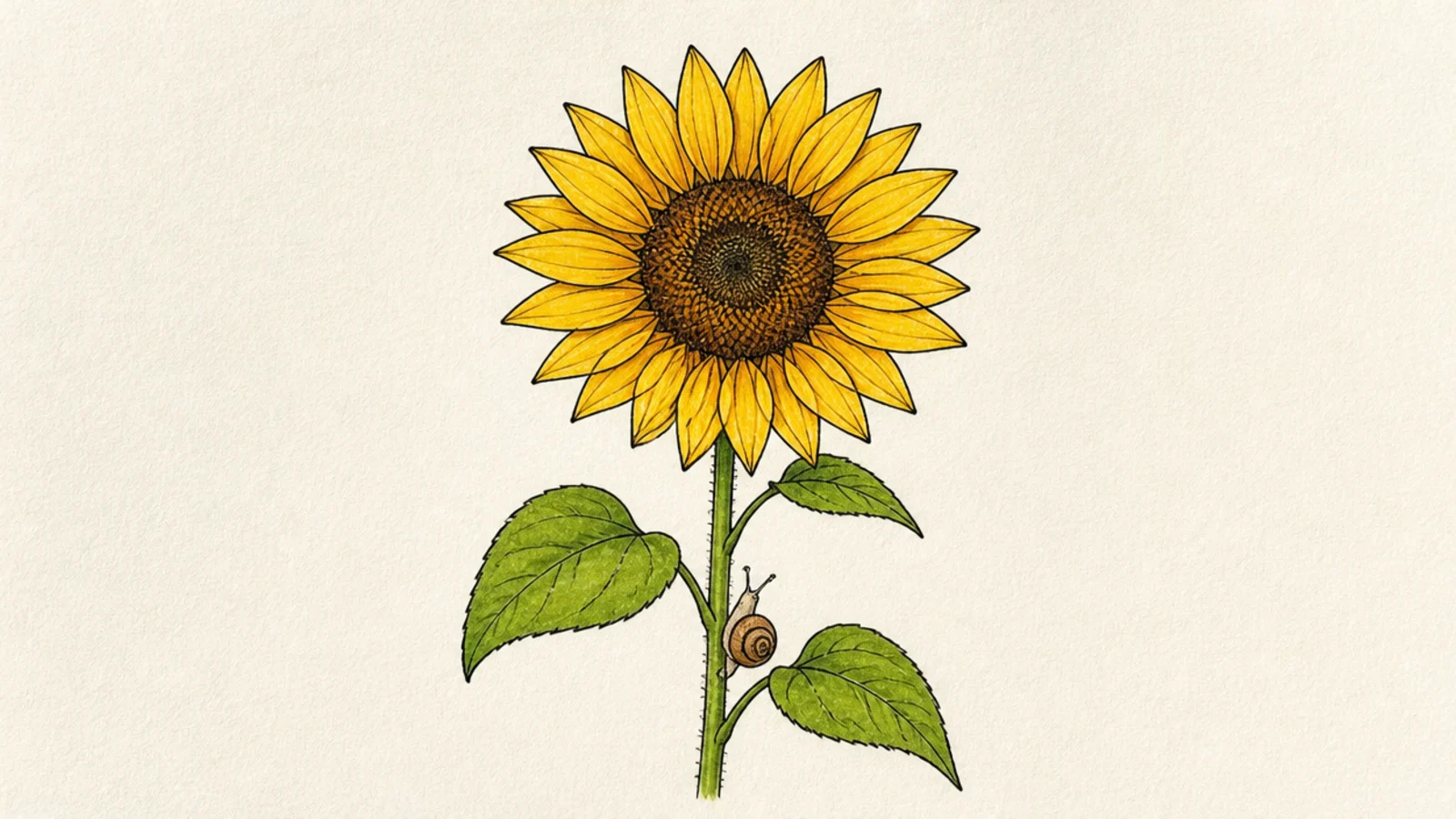 A sunflower with a little snail on the stem