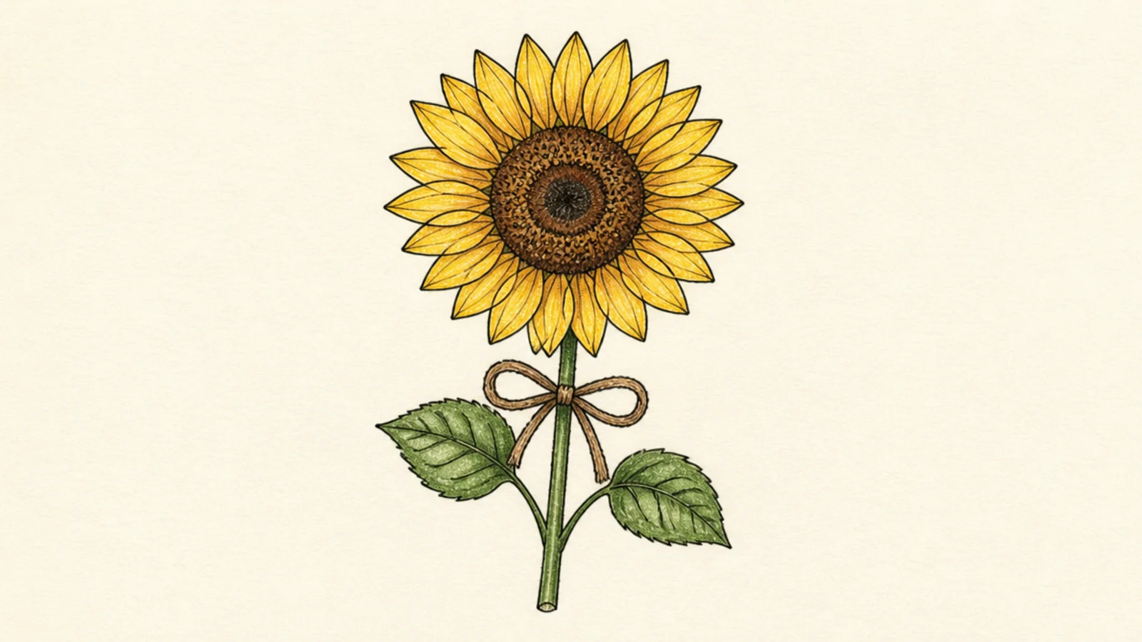 A sunflower with a small bow tied on its stem