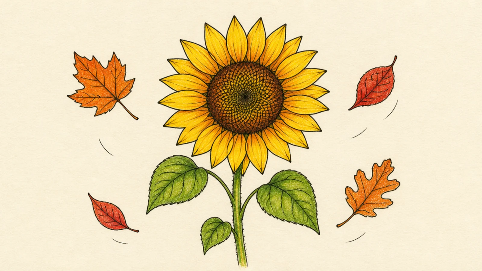 A sunflower with a few falling autumn leaves around it
