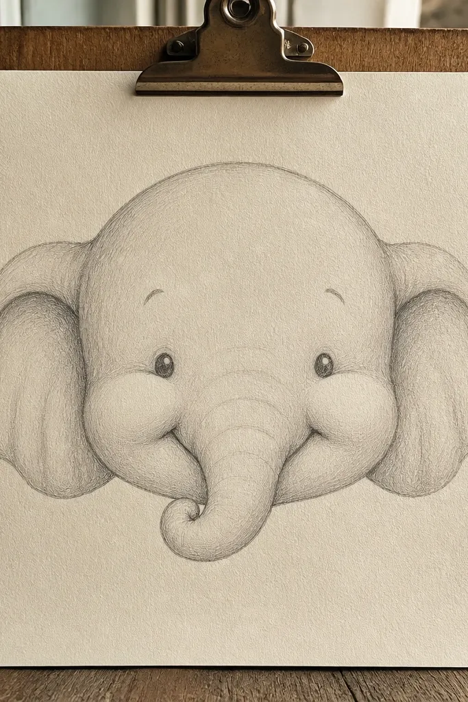 Smiling baby elephant face with round cheeks and a short curled trunk