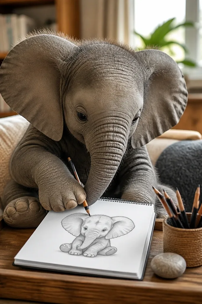 Sitting baby elephant with large flared ears and a relaxed curled tail
