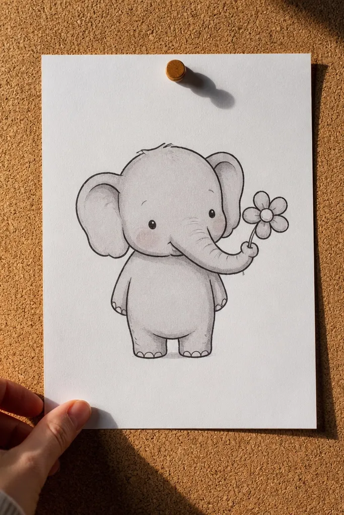 Baby elephant with a small flower held by the trunk