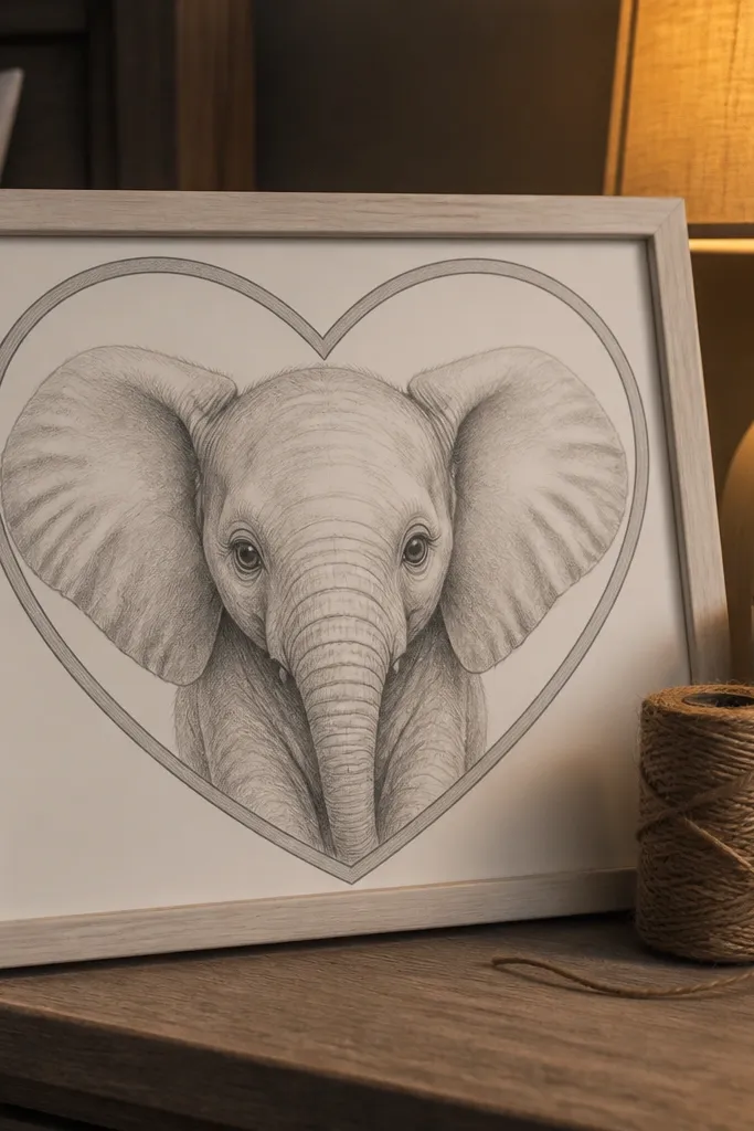 Baby elephant head centered inside a heart outline with puffy ears