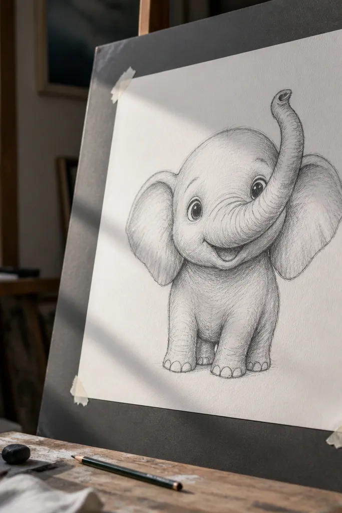 Baby elephant waving with trunk lifted upward and ears flared