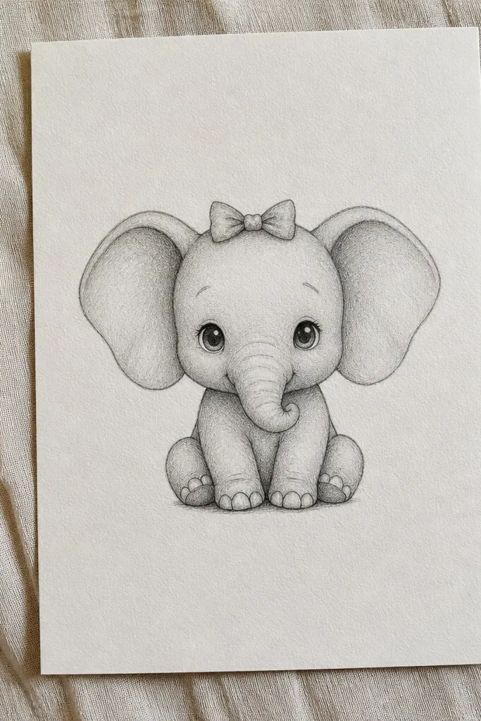 Baby elephant with a head bow and tiny trunk curve