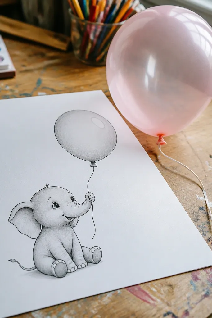 Baby elephant with trunk holding a round balloon and small string