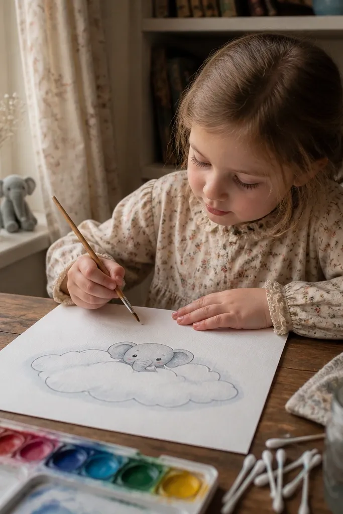 Small baby elephant peeking from a fluffy cloud outline