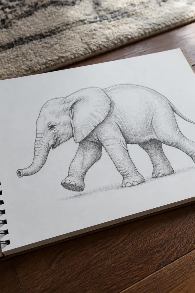 Walking baby elephant with one front leg lifted and curled tail
