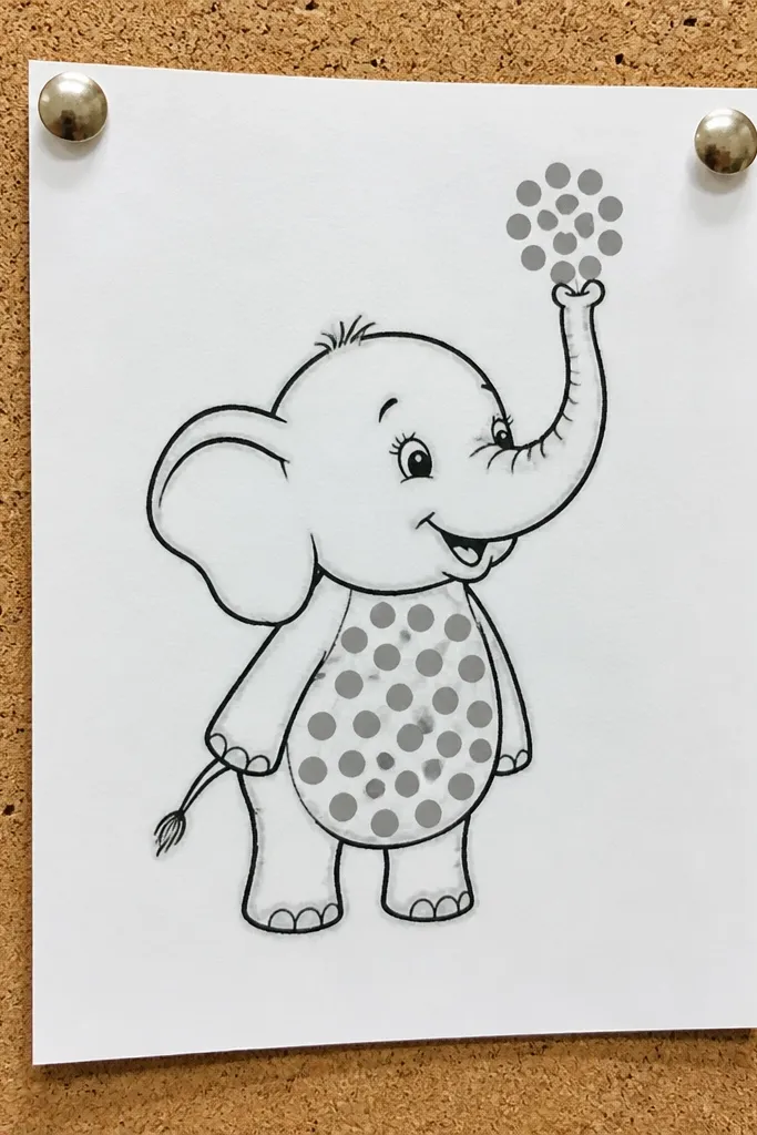 Baby elephant with a round belly filled with polka dots and simple trunk