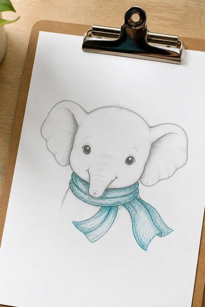 Baby elephant with a scarf draped around its neck and tiny smile