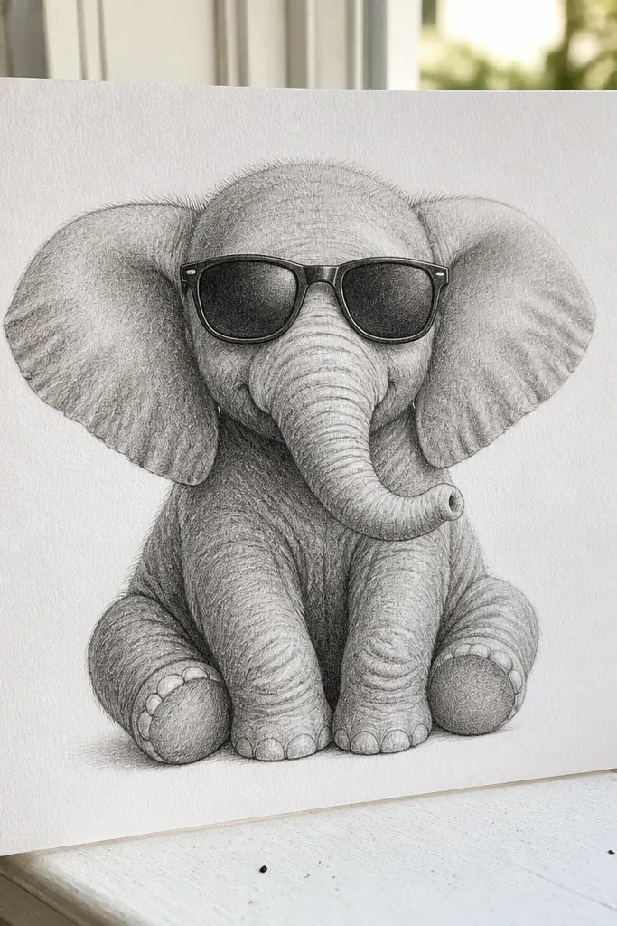 Baby elephant face wearing round sunglasses and a short curled trunk