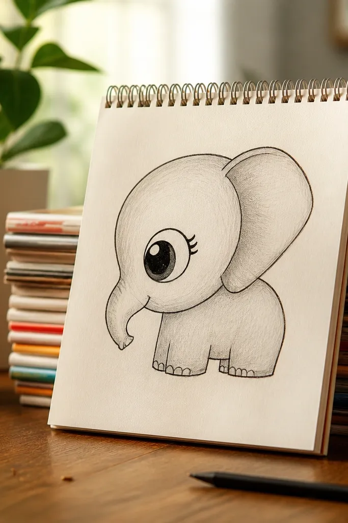 Side profile baby elephant with big eye and curved trunk