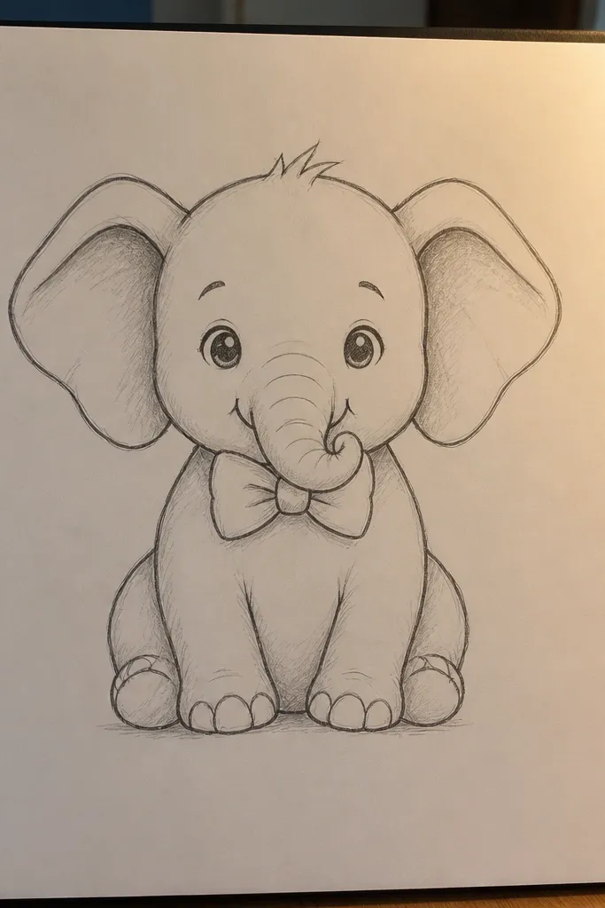 Baby elephant wearing a bowtie with short trunk and rounded body
