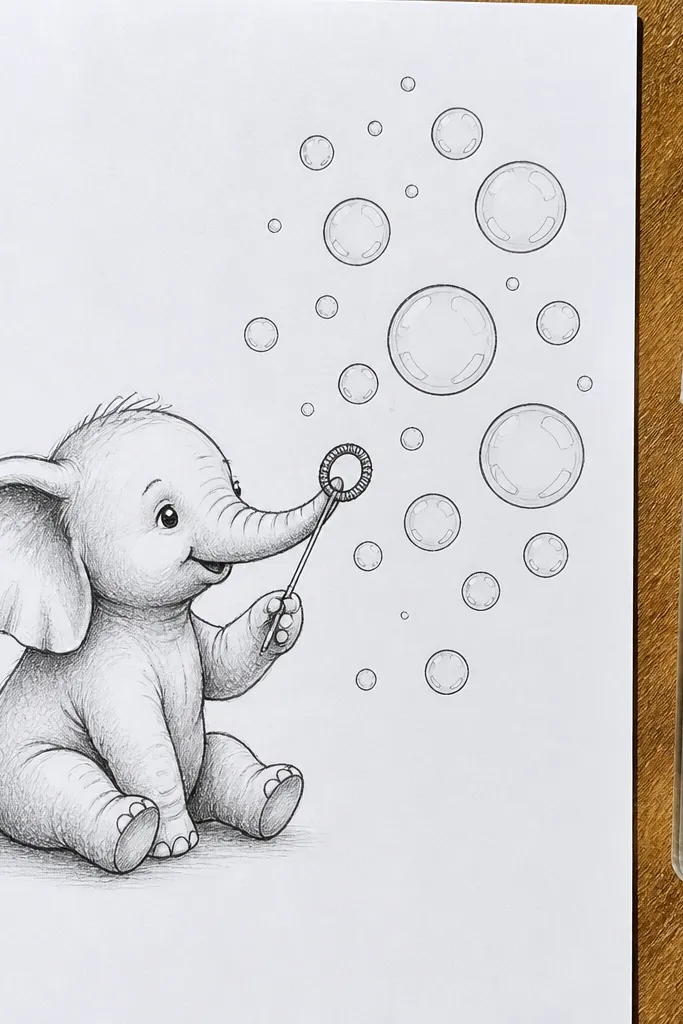 Baby elephant holding a wand and blowing bubbles with simple rounded shapes