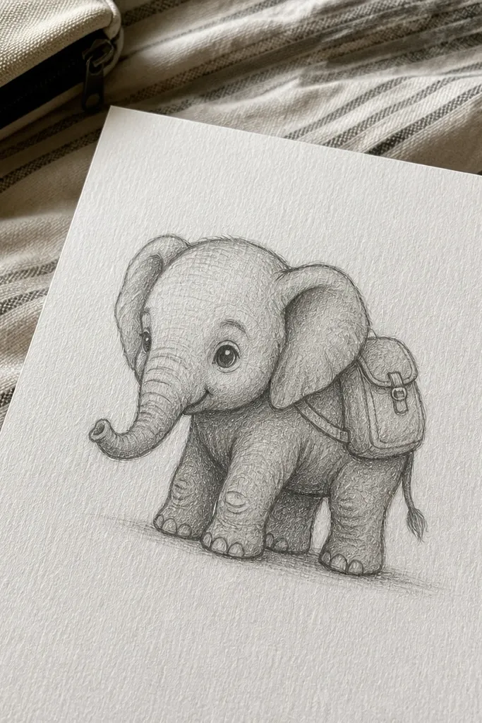 Baby elephant carrying a small backpack on its back and facing forward