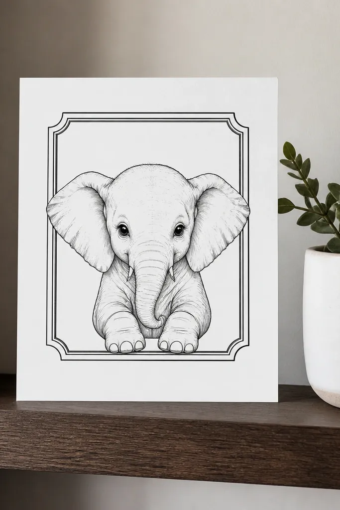 Baby elephant portrait centered inside a thin rectangular frame