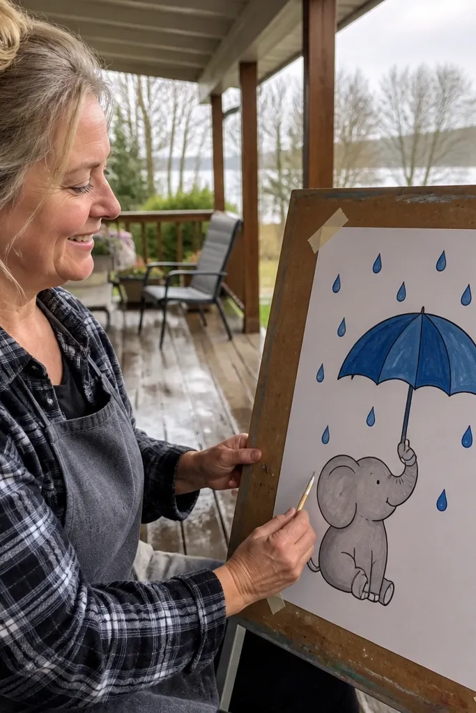 Baby elephant holding a raindrop umbrella with small raindrops around