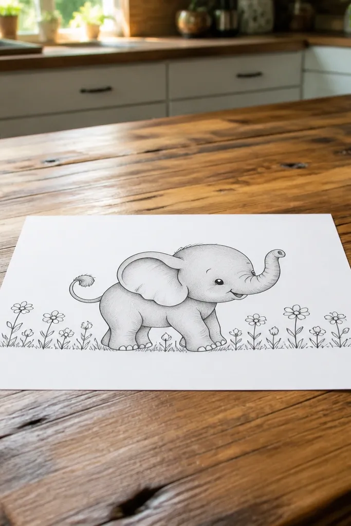 Baby elephant standing with a curled tail and small flowers at the bottom