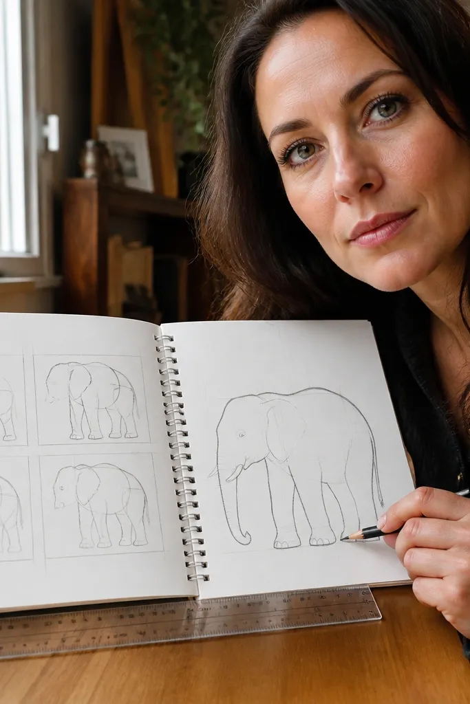 Elephant sketch built from a light grid with a clear trunk and four leg columns