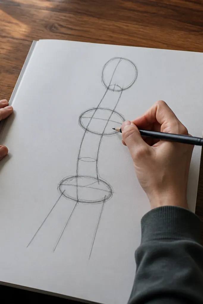 Elephant sketch with three ellipses for head and body and a tube-shaped trunk