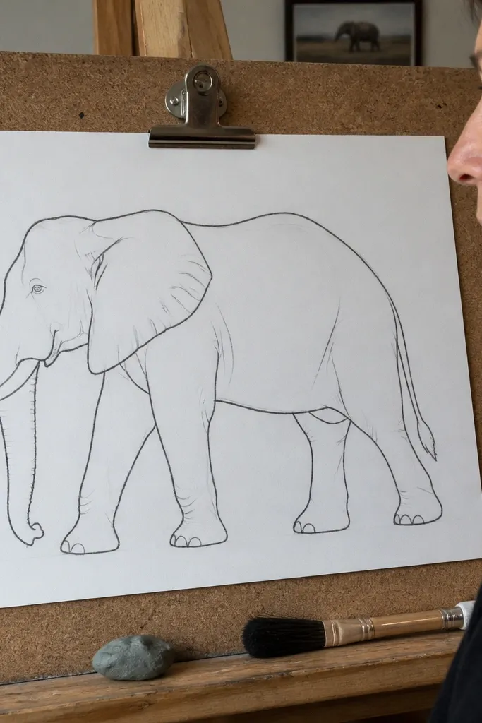 Elephant outline drawn bold first, then legs and ear folds added after