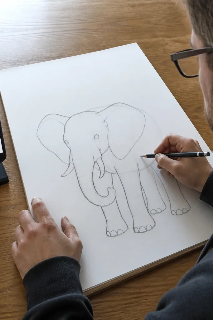 Elephant drawing with light tracing lines on top of a reference outline