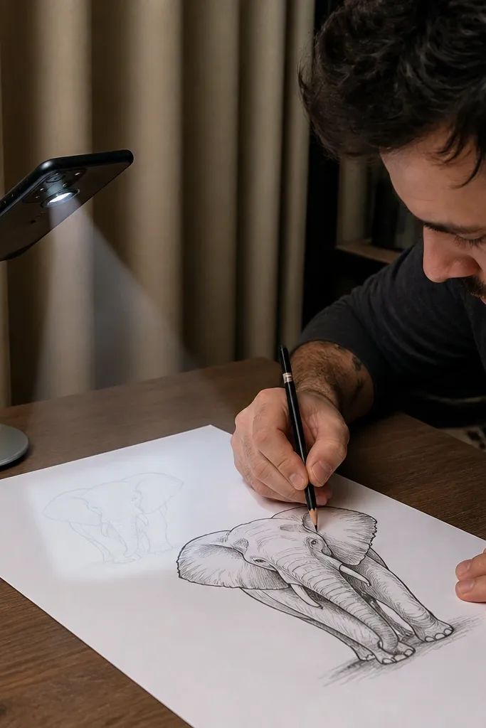 Elephant outline traced from a projected image, then refined lines and shading added