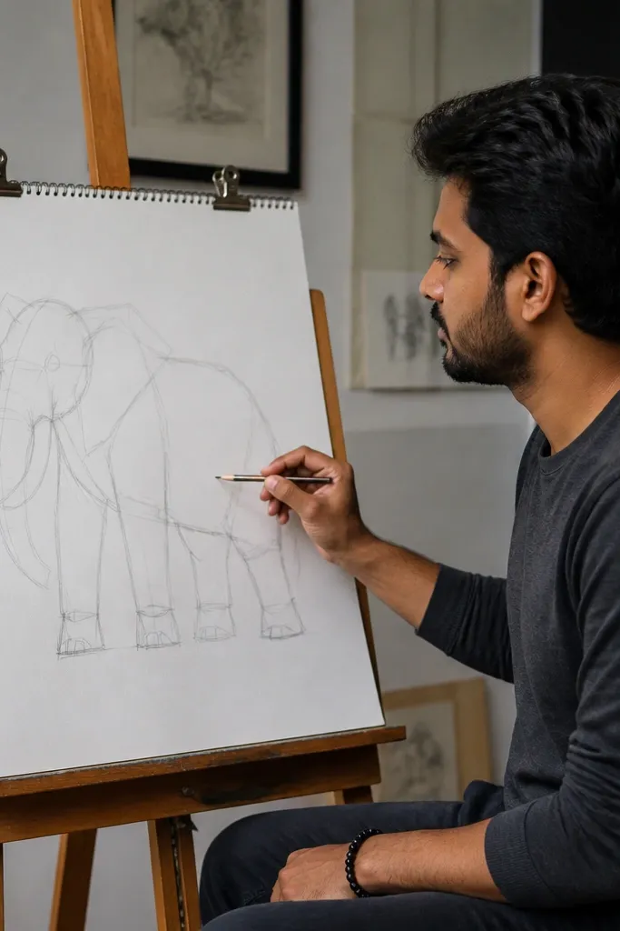 Elephant gesture sketch with a head ball, shoulder hump, and simple leg beats