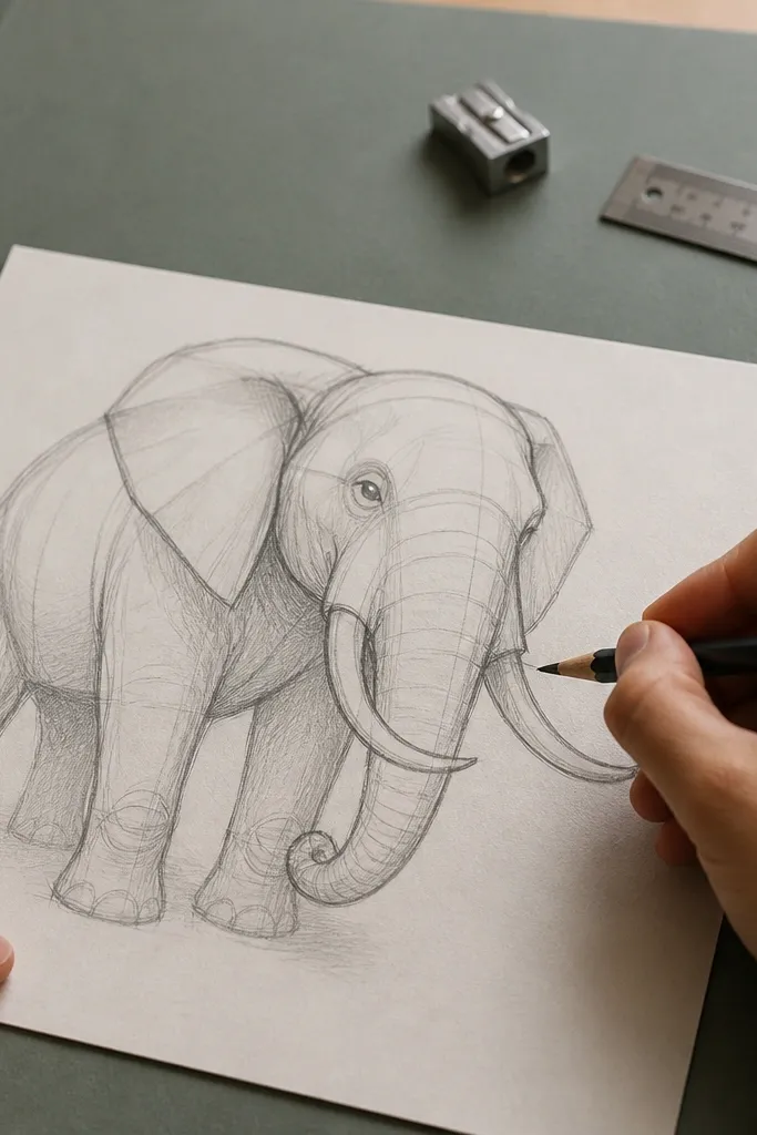 Elephant drawing with simplified tusk curve and ear fan, shaded legs and trunk