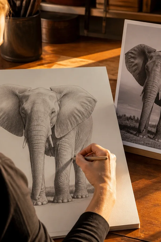 Elephant sketch with leg cylinders and clear shadow patches under the trunk