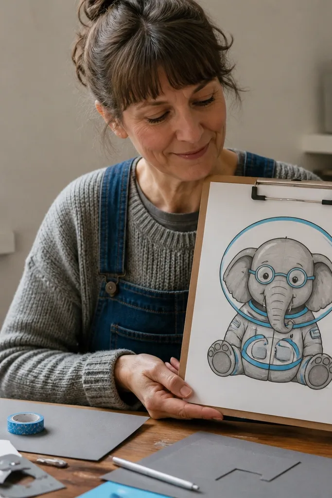 Cartoon elephant wearing a clear bubble helmet and small goggles