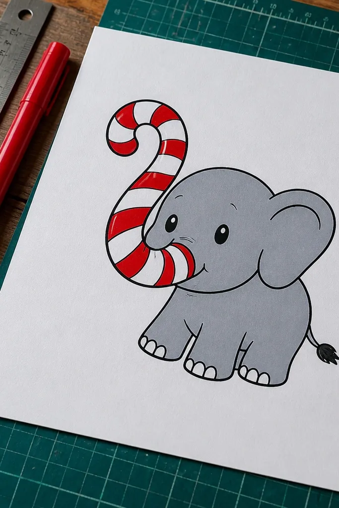 Cartoon elephant with a trunk shaped like a candy cane stripe