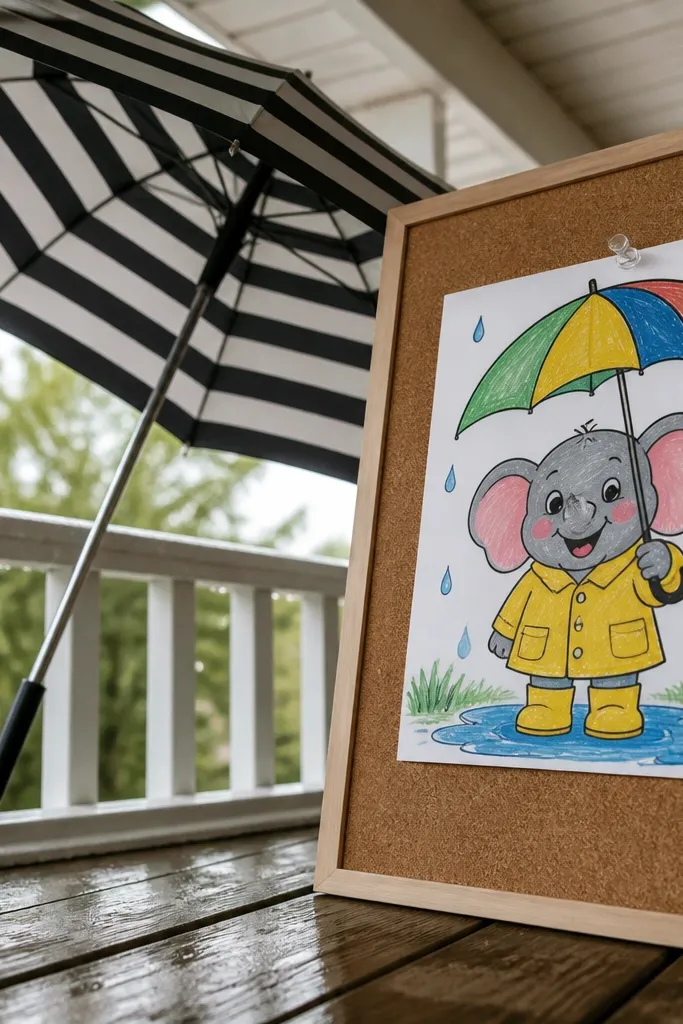 Cartoon elephant holding a small umbrella with raindrops