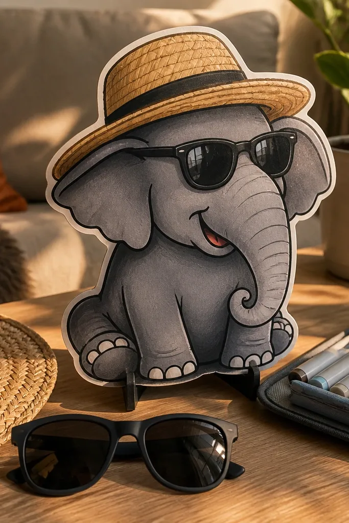Cartoon elephant wearing a sunhat and sunglasses with a smiling face