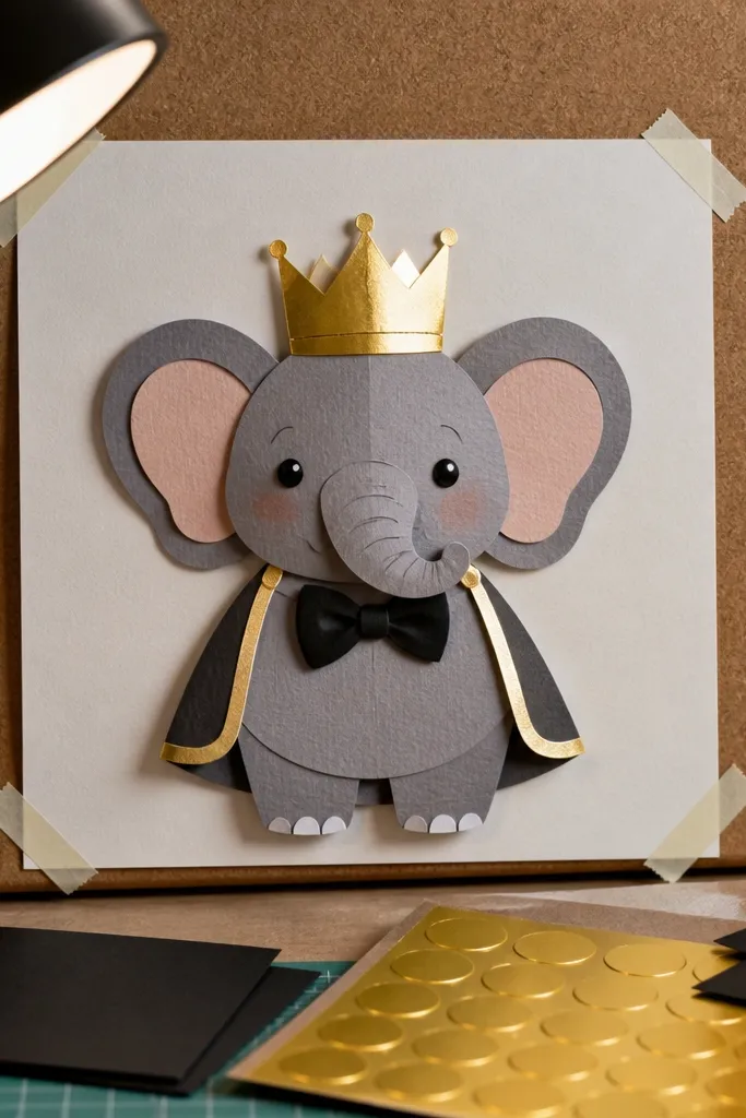 Cartoon elephant wearing a small crown and bow tie