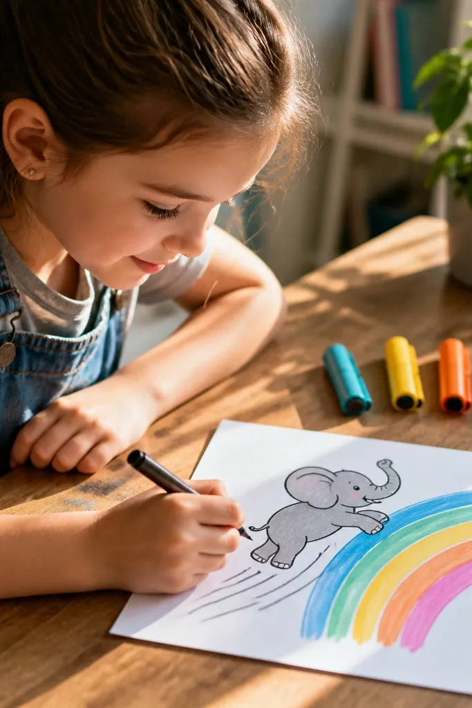 Cartoon elephant jumping with a rainbow swoosh trail behind it