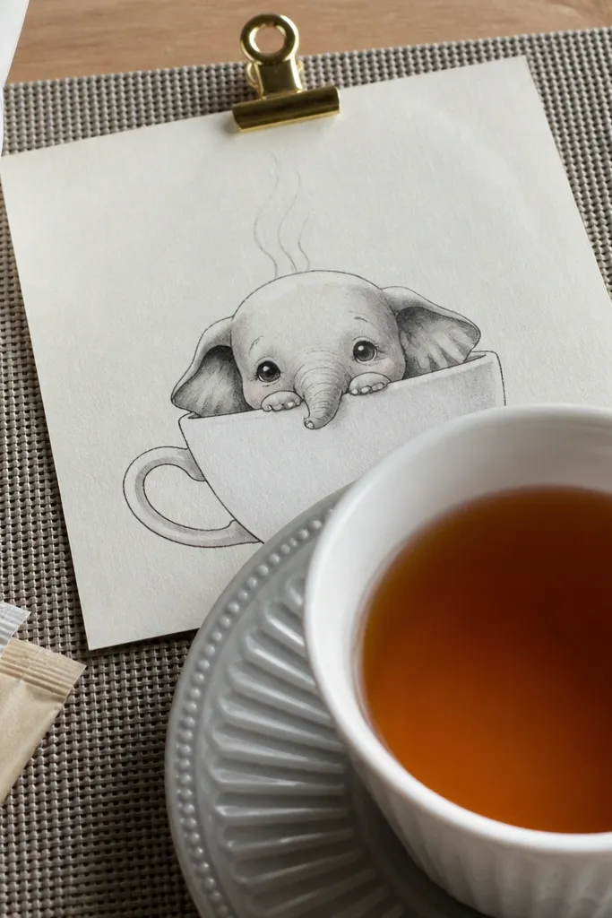 Cartoon elephant peeking out of a teacup with steam lines