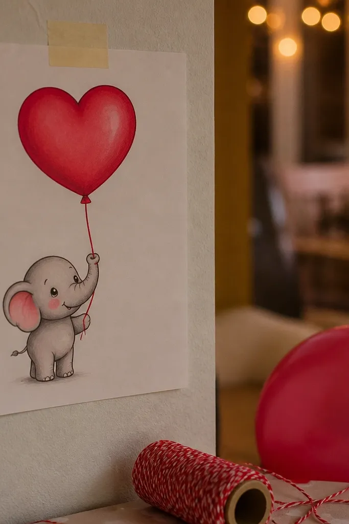 Cartoon elephant holding a heart balloon with a string