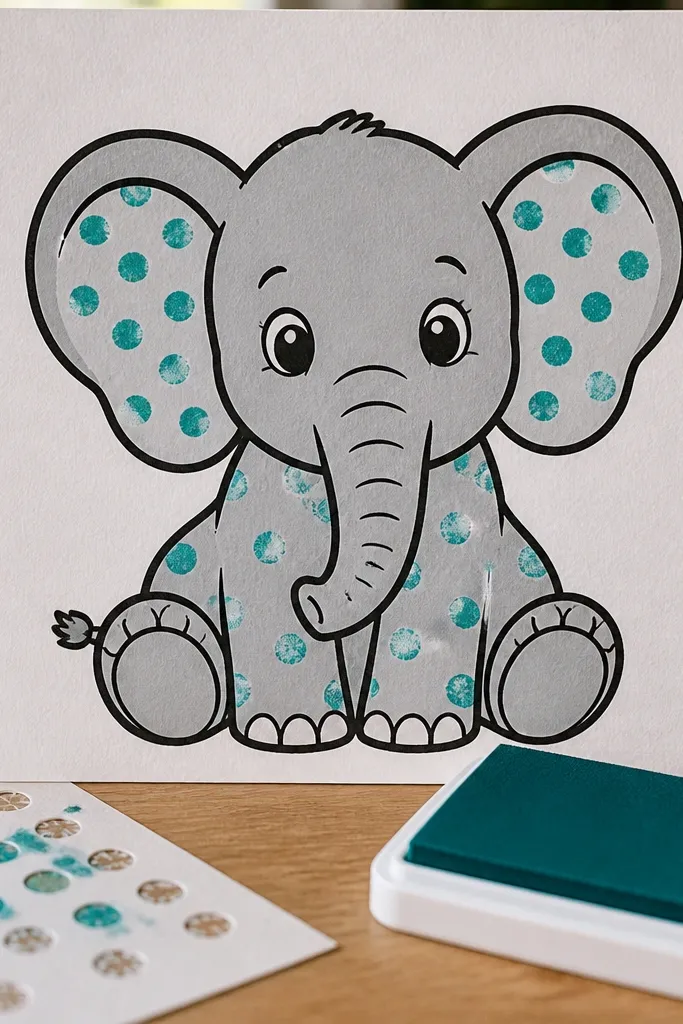 Cartoon elephant with polka dots on ears and spots on body