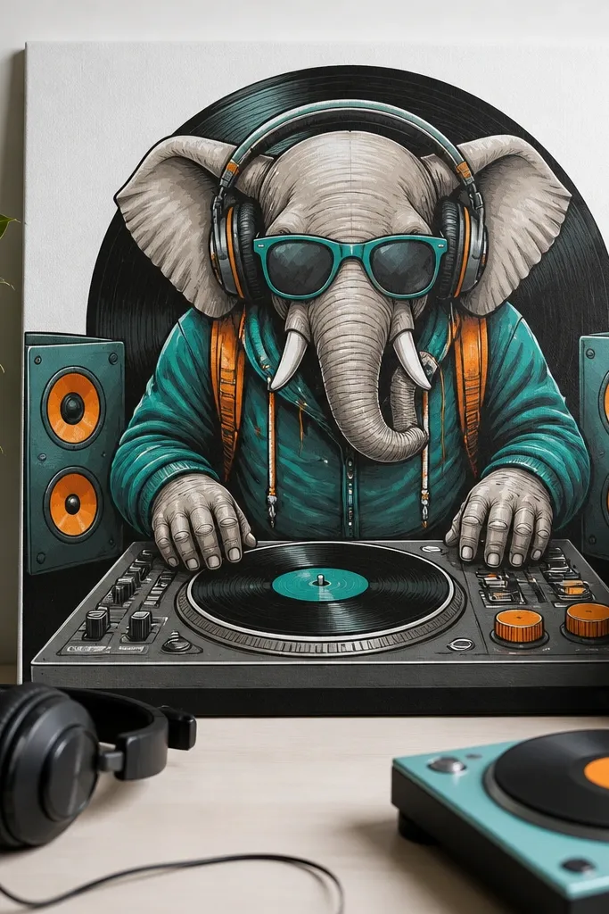 Cartoon elephant behind a turntable with music symbol dots