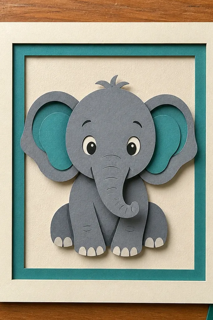 Cartoon elephant inside a cutout paper frame with layered borders